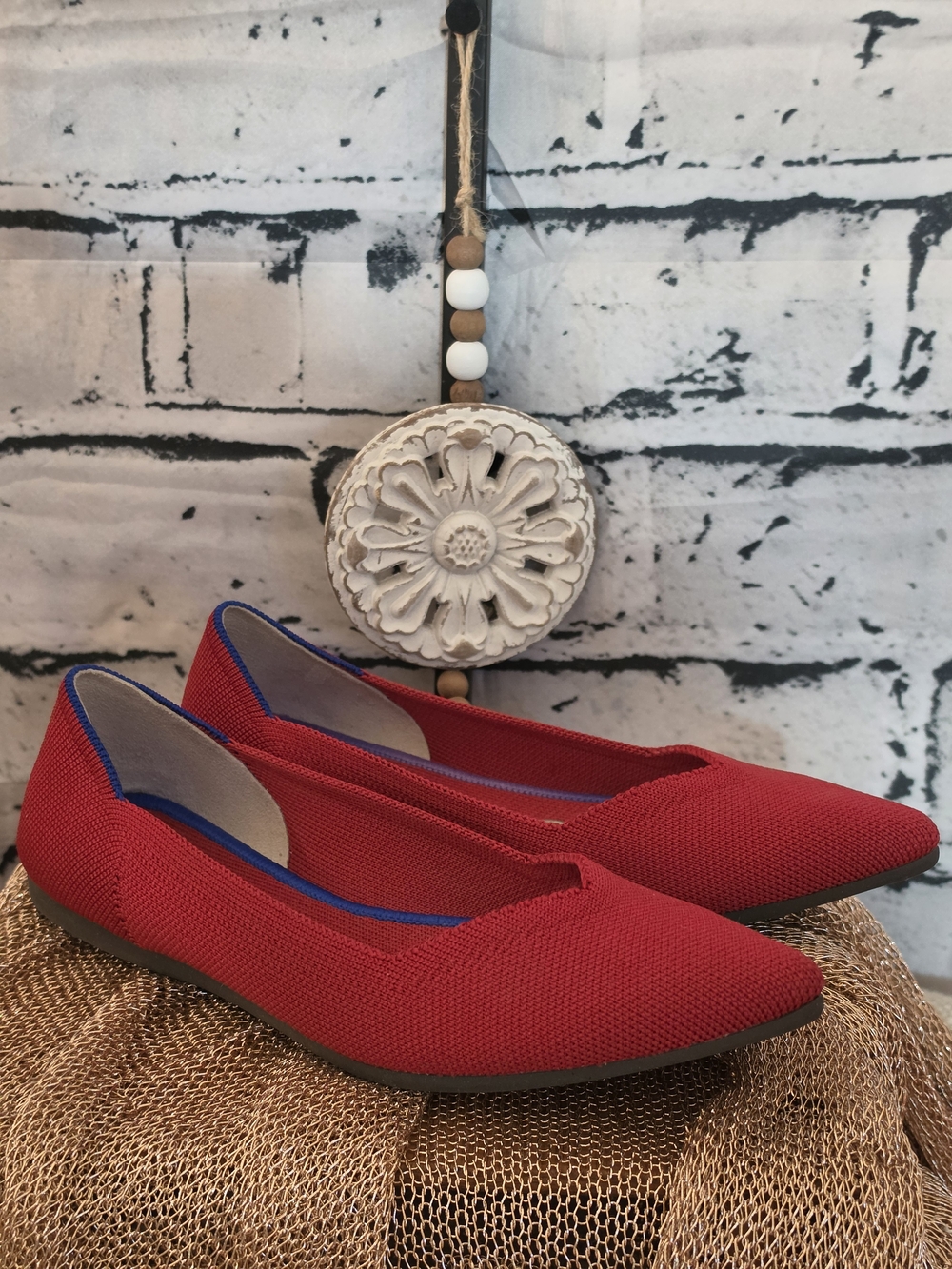 Rothy's Red Knit Pointed-Toe Flats with Blue Trim